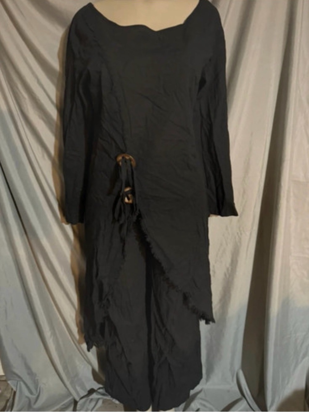 chic Black Long Sleeve Asymmetrical pantsuit with Ring-Tie Detail